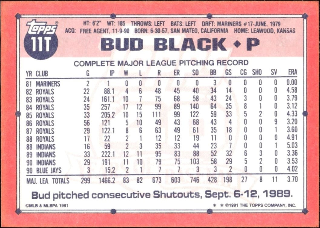1991 Topps Traded Bud Black #11T baseball trading card back