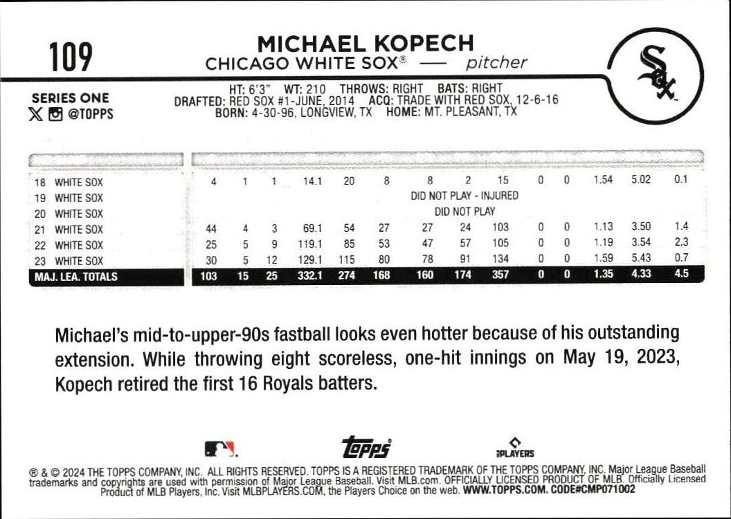 2024 Topps Michael Kopech #109 baseball trading card back