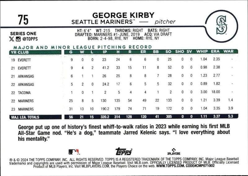 2024 Topps George Kirby #75 baseball trading card back