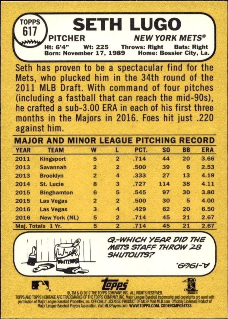 2017 Topps Heritage Seth Lugo #617 baseball trading card back
