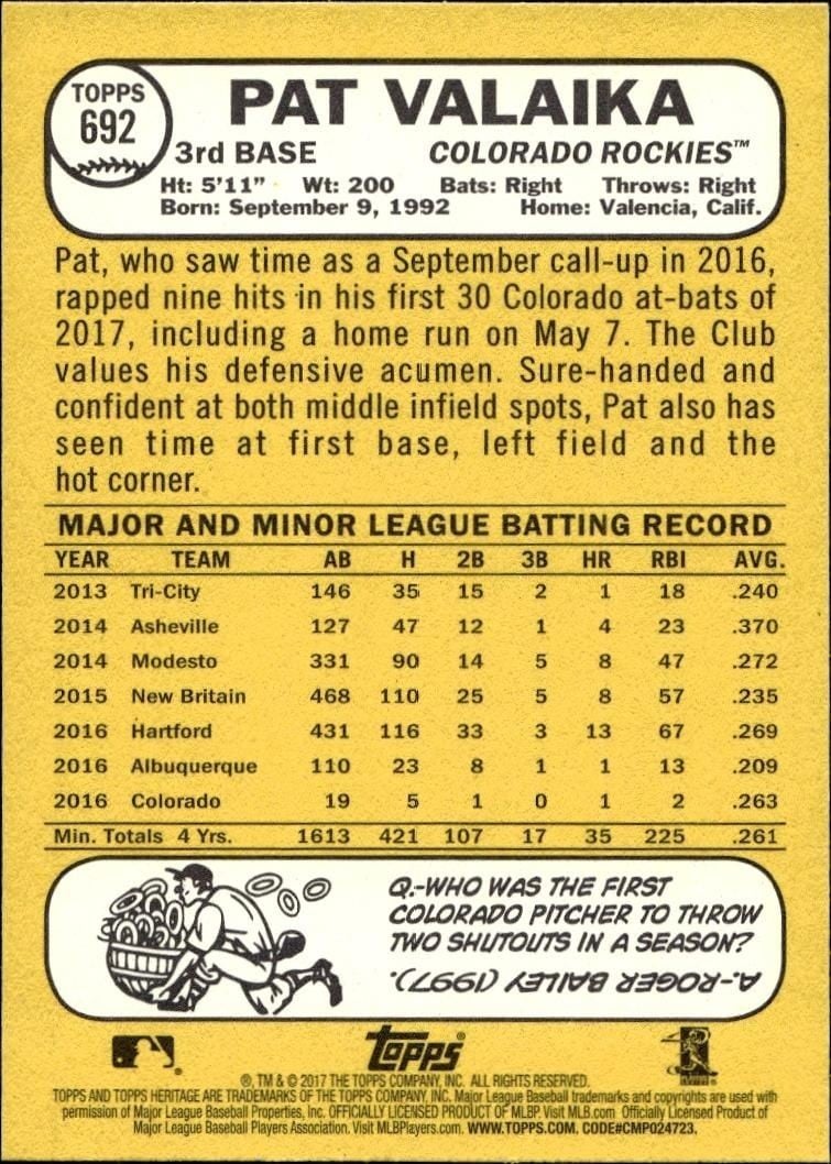 2017 Topps Heritage Pat Valaika #692 baseball trading card back