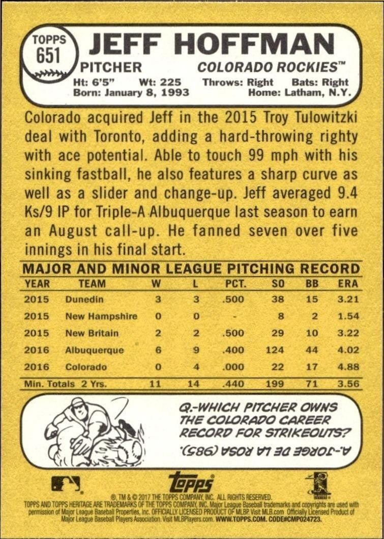 2017 Topps Heritage Jeff Hoffman #651 baseball trading card back