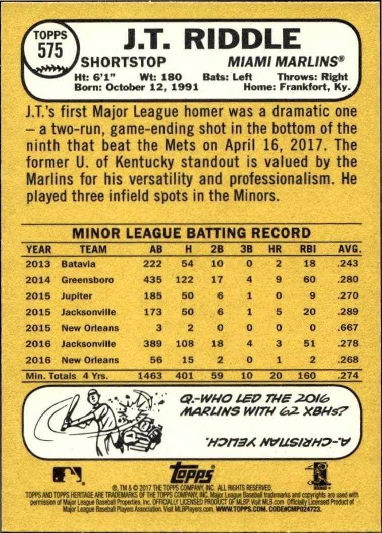 2017 Topps Heritage J.T. Riddle #575 baseball trading card back