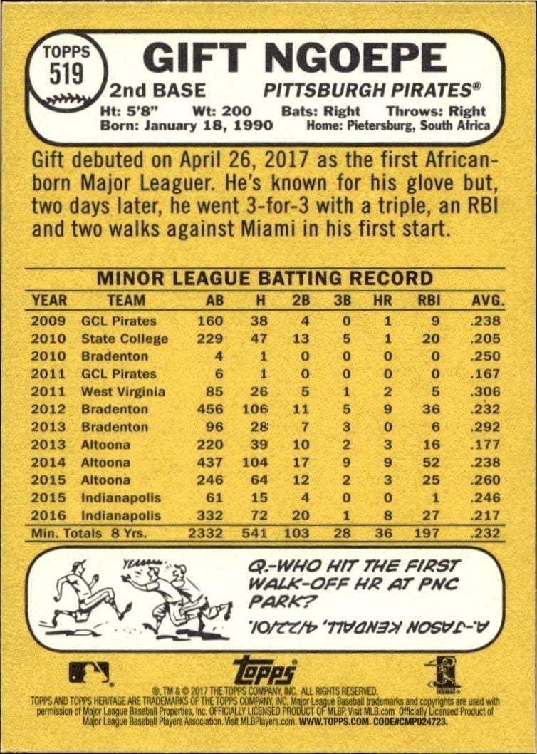 2017 Topps Heritage Gift Ngoepe #519 baseball trading card back