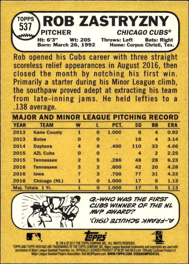 2017 Topps Heritage Rob Zastryzny #537 baseball trading card back