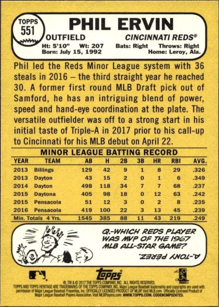 2017 Topps Heritage Phil Ervin #551 baseball trading card back