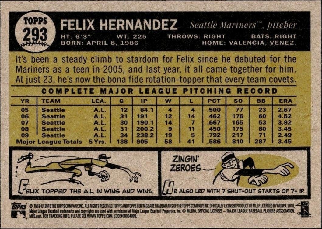 2010 Topps Heritage Felix Hernandez #293 baseball trading card back