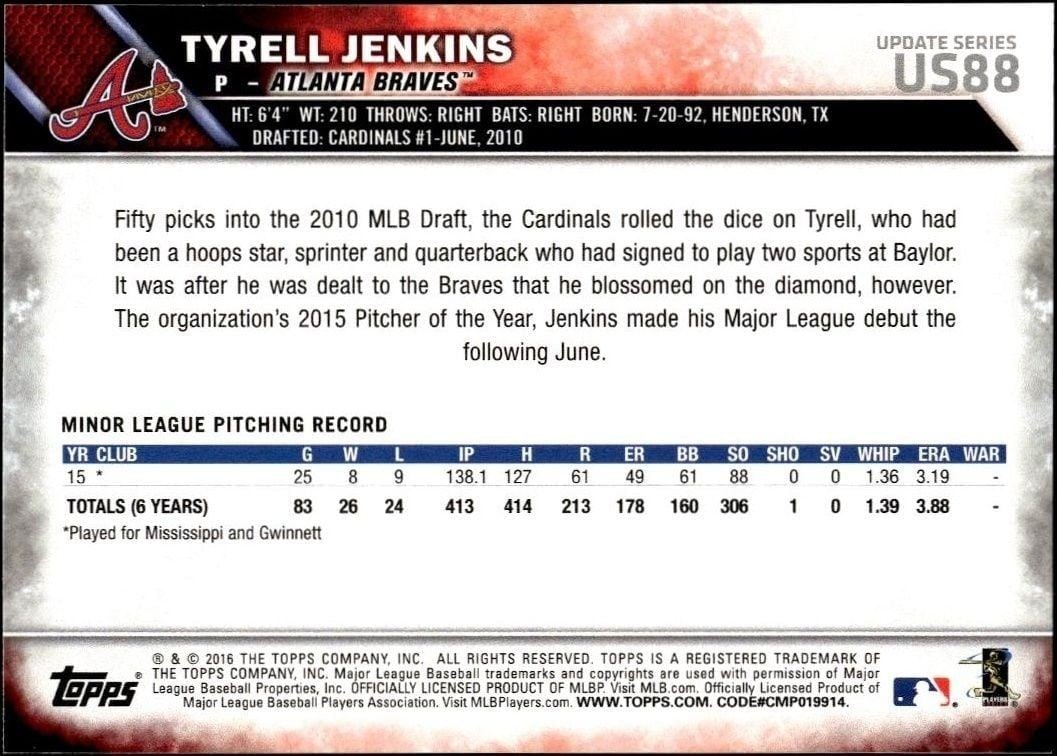 2016 Topps Update Tyrell Jenkins #US88 baseball trading card back