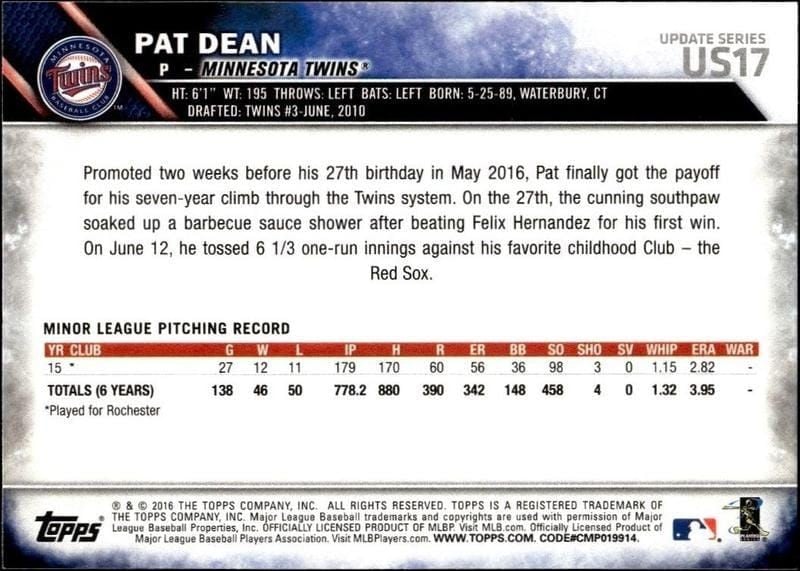2016 Topps Update Pat Dean #US17 baseball trading card back