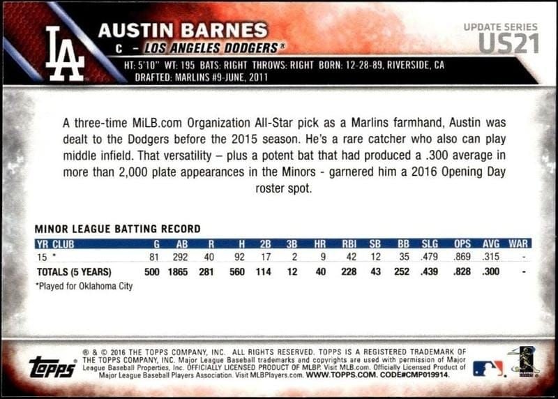 2016 Topps Update Austin Barnes #US21 baseball trading card back