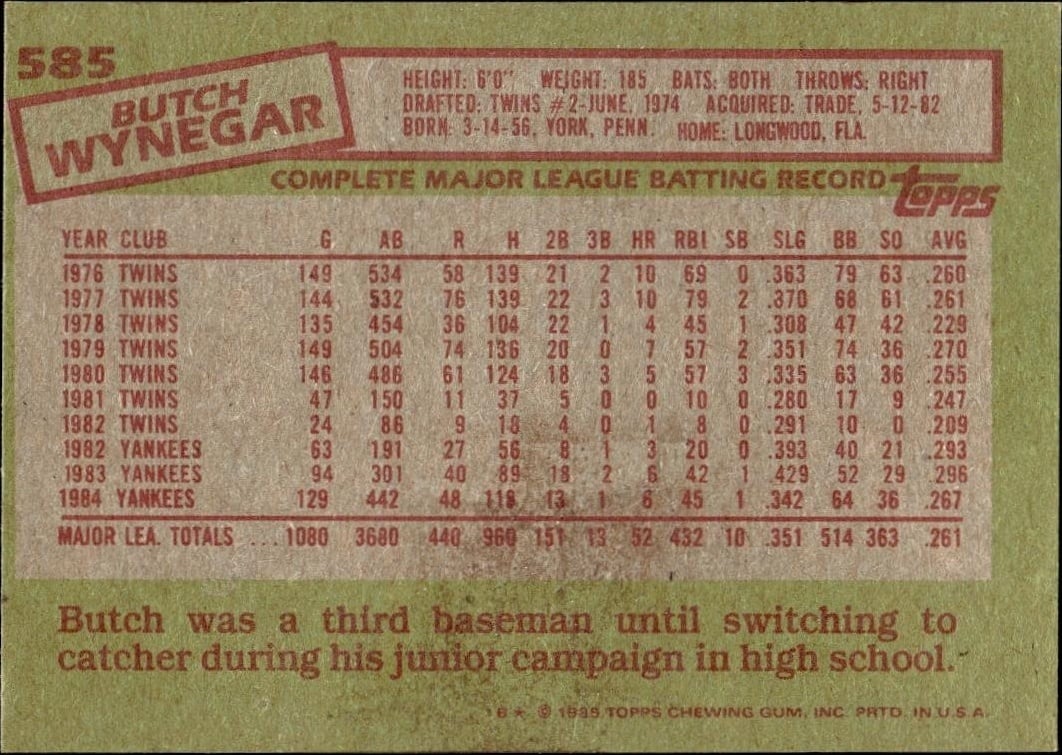 1985 Topps Butch Wynegar #585 baseball trading card back