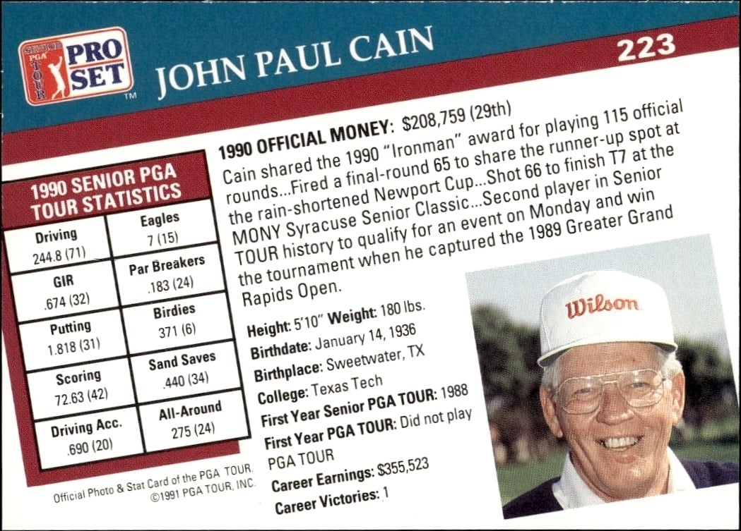 1991 Pro Set Pga Tour John Paul Cain #223 golf trading card back