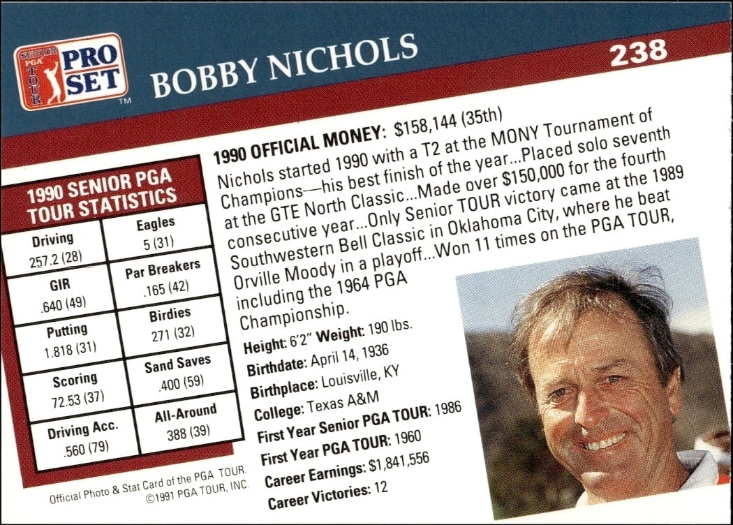 1991 Pro Set Pga Tour Bobby Nichols #238 golf trading card back