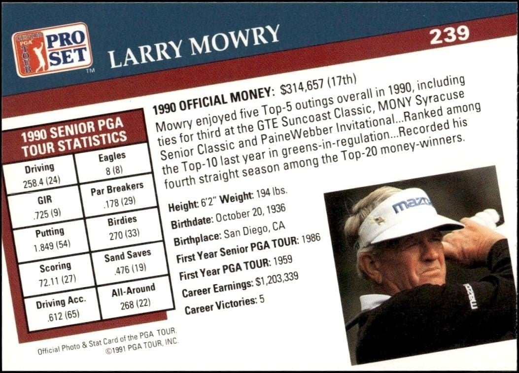 1991 Pro Set Pga Tour Larry Mowry #239 golf trading card back