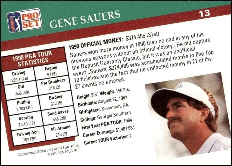 1991 Pro Set Pga Tour Gene Sauers #13 golf trading card back