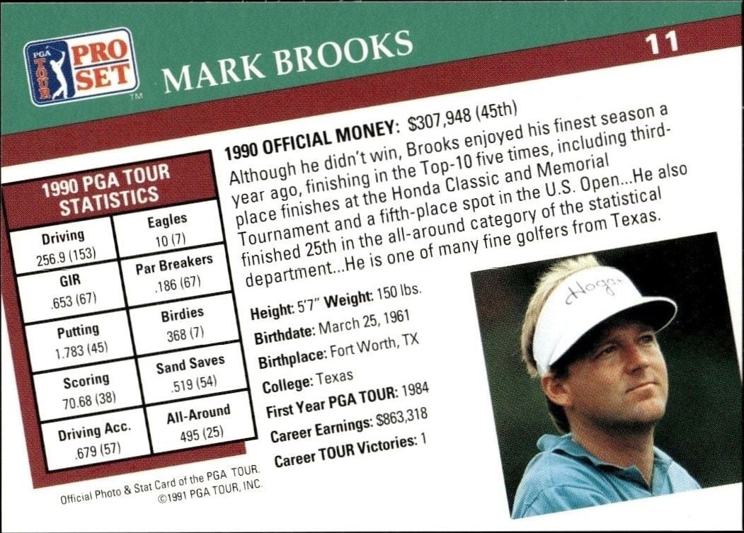 1991 Pro Set Pga Tour Mark Brooks #11 golf trading card back