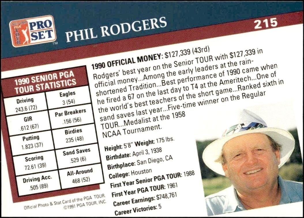 1991 Pro Set Pga Tour Phil Rodgers #215 golf trading card back