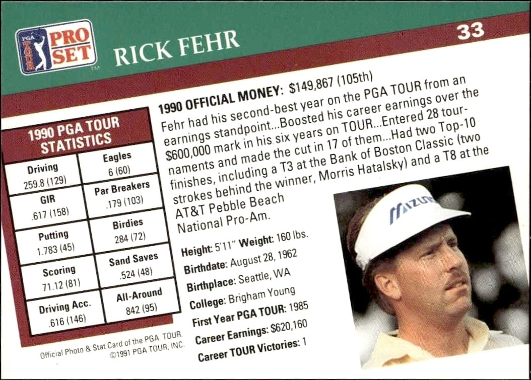 1991 Pro Set Pga Tour Rick Fehr #33 golf trading card back