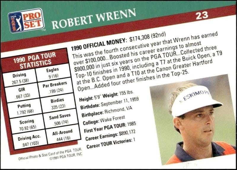 1991 Pro Set Pga Tour Robert Wrenn #23 golf trading card back