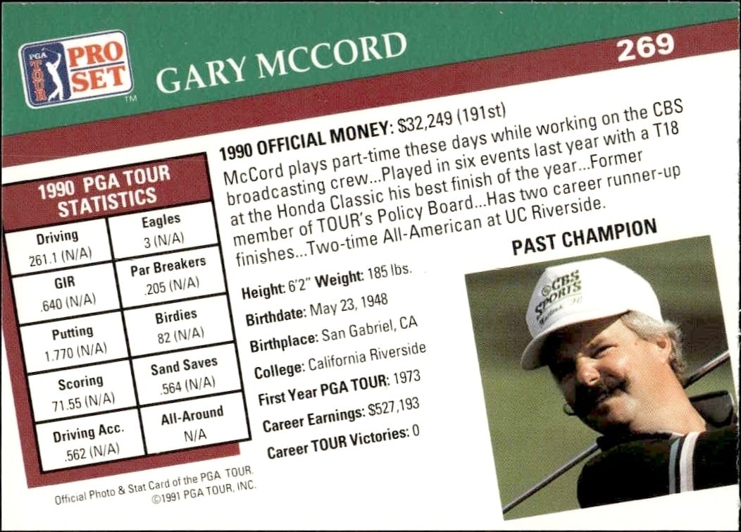 1991 Pro Set Pga Tour Gary Mccord #269 golf trading card back