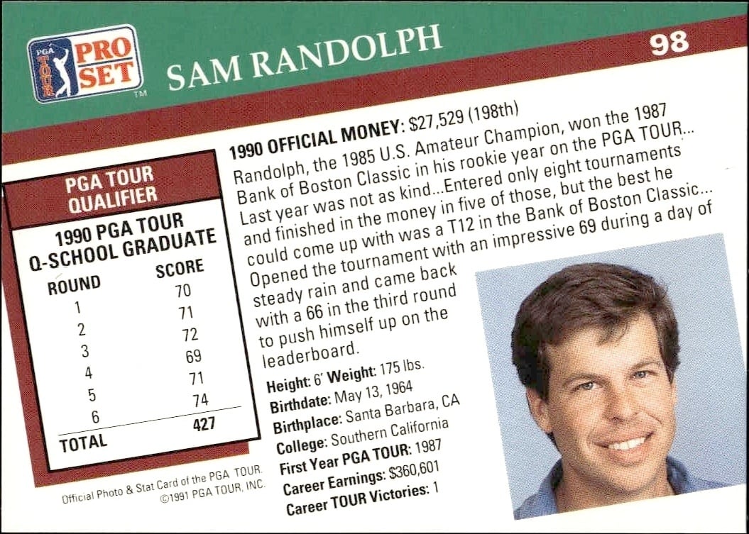1991 Pro Set Pga Tour Sam Randolph #98 golf trading card back