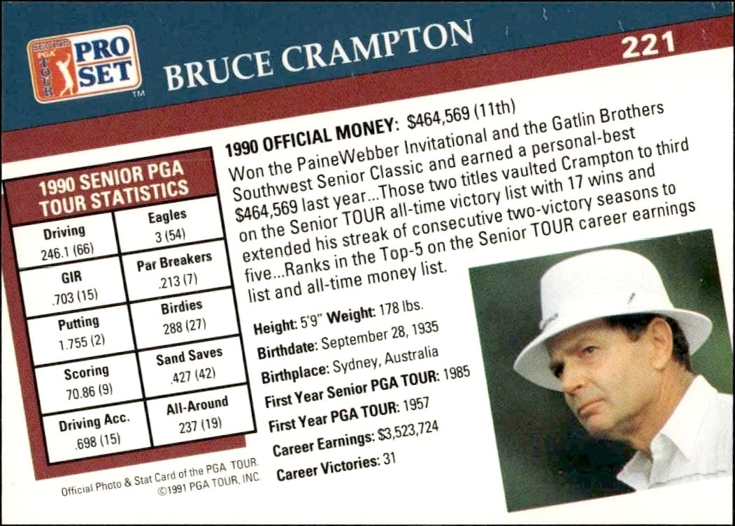 1991 Pro Set Pga Tour Bruce Crampton #221 golf trading card back