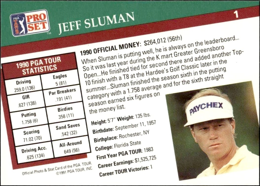 1991 Pro Set Pga Tour Jeff Sluman #1 golf trading card back