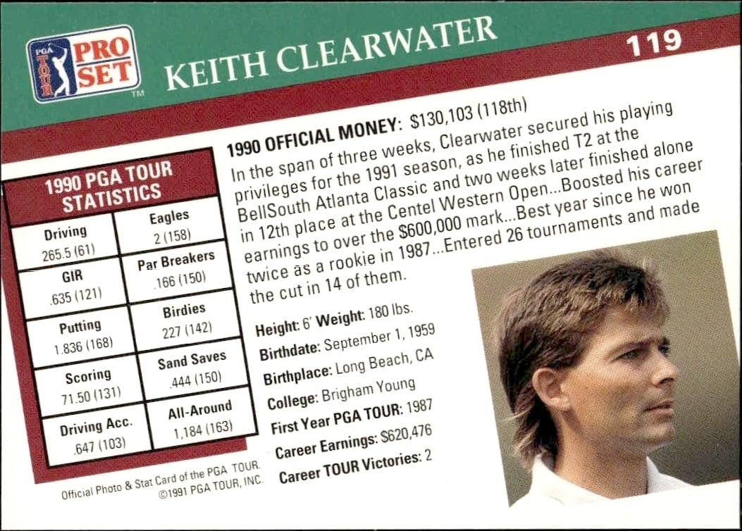 1991 Pro Set Pga Tour Keith Clearwater #119 golf trading card back