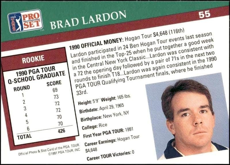 1991 Pro Set Pga Tour Brad Lardon #55 golf trading card back