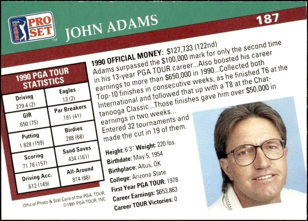 1991 Pro Set Pga Tour John Adams #187 golf trading card back