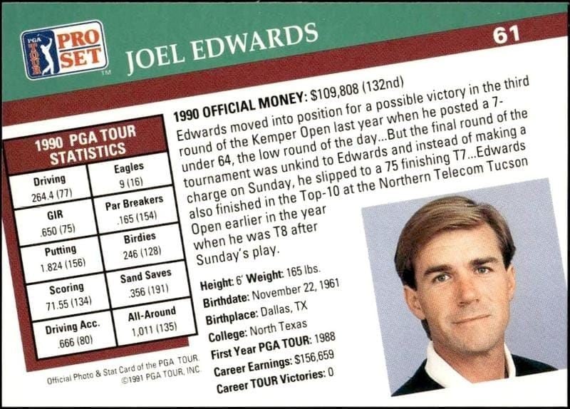 1991 Pro Set Pga Tour Joel Edwards #61 golf trading card back