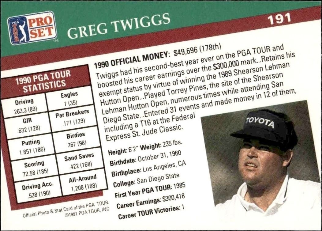1991 Pro Set Pga Tour Greg Twiggs #191 golf trading card back