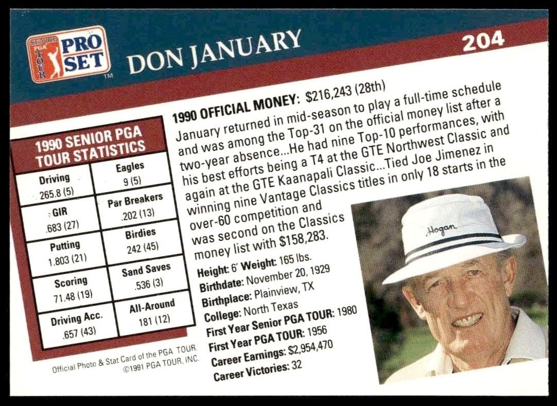 1991 Pro Set Pga Tour Don January #204 golf trading card back