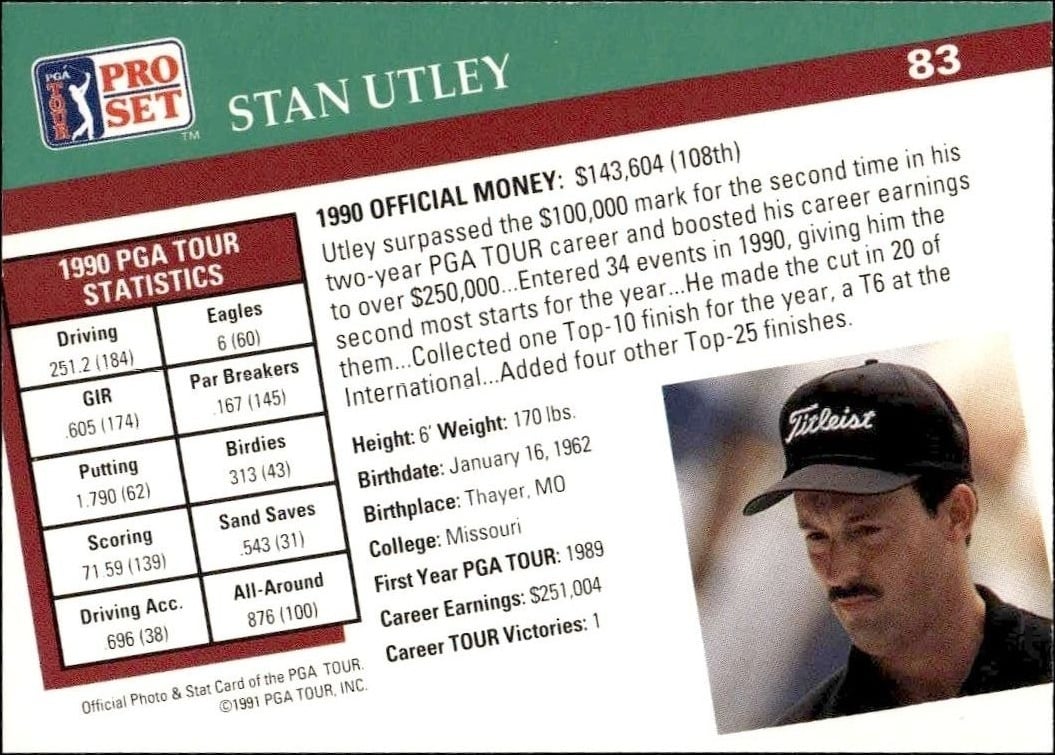 1991 Pro Set Pga Tour Stan Utley #83 golf trading card back
