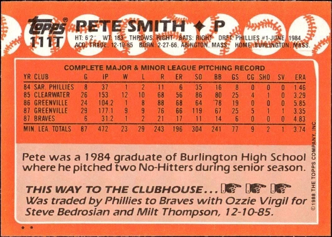 1988 Topps Traded Pete Smith #111T baseball trading card back