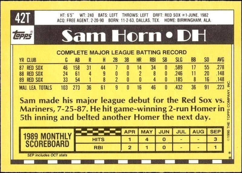1990 Topps Traded Sam Horn #42T baseball trading card back