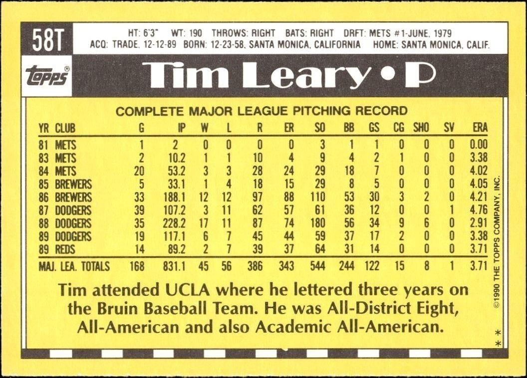 1990 Topps Traded Tim Leary #58T baseball trading card back