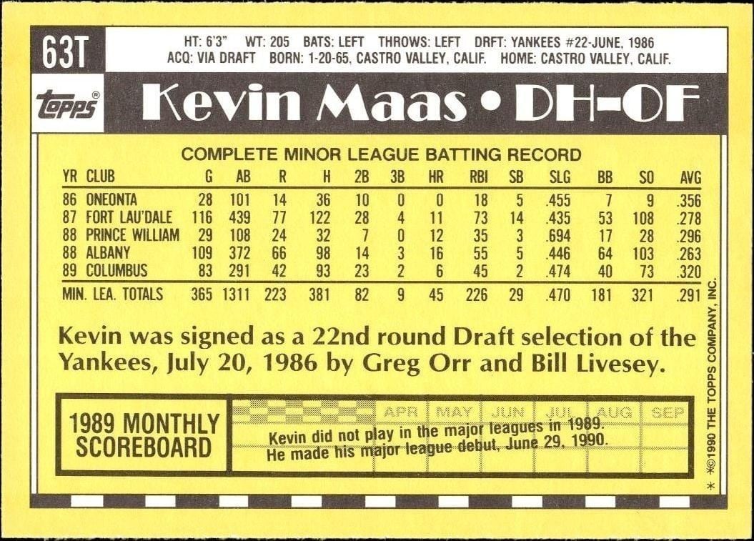 1990 Topps Traded Kevin Maas #63T baseball trading card back