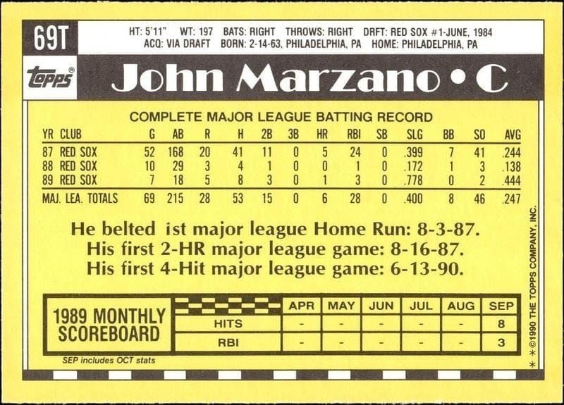 1990 Topps Traded John Marzano #69T baseball trading card back
