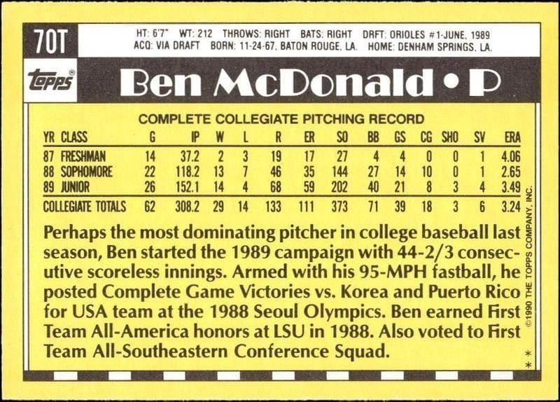 1990 Topps Traded Ben McDonald #70T baseball trading card back