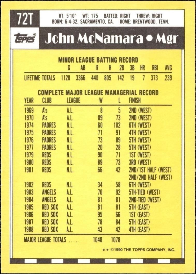 1990 Topps Traded John McNamara #72T baseball trading card back
