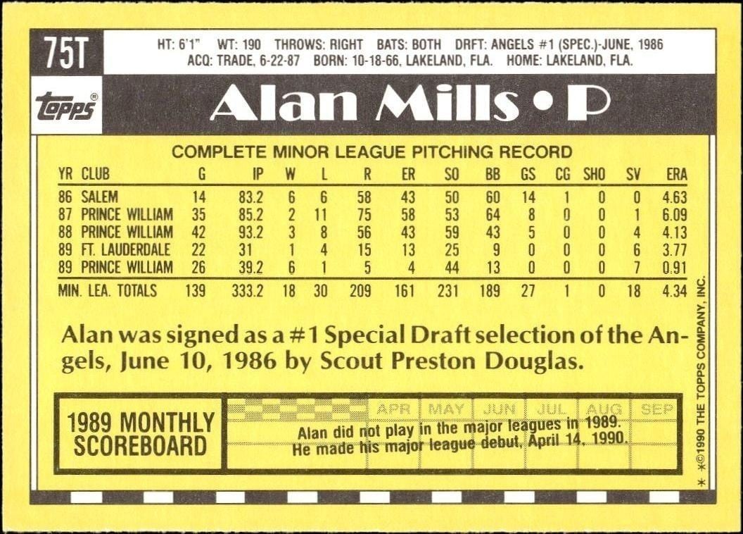 1990 Topps Traded Alan Mills #75T baseball trading card back
