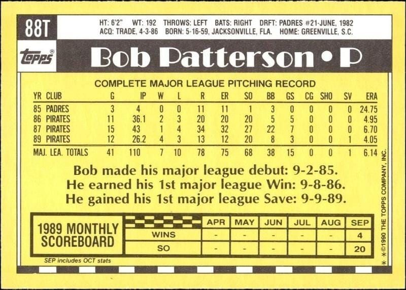 1990 Topps Traded Bob Patterson #88T baseball trading card back