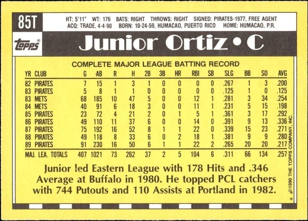1990 Topps Traded Junior Ortiz #85T baseball trading card back