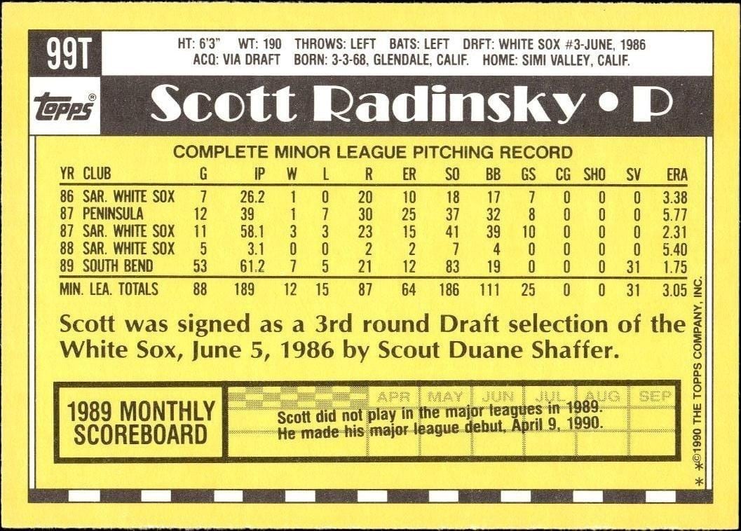1990 Topps Traded Scott Radinsky #99T baseball trading card back