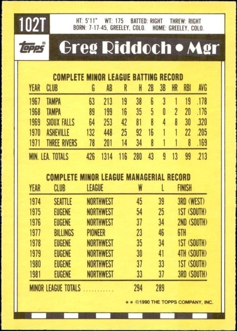1990 Topps Traded Greg Riddoch #102T baseball trading card back