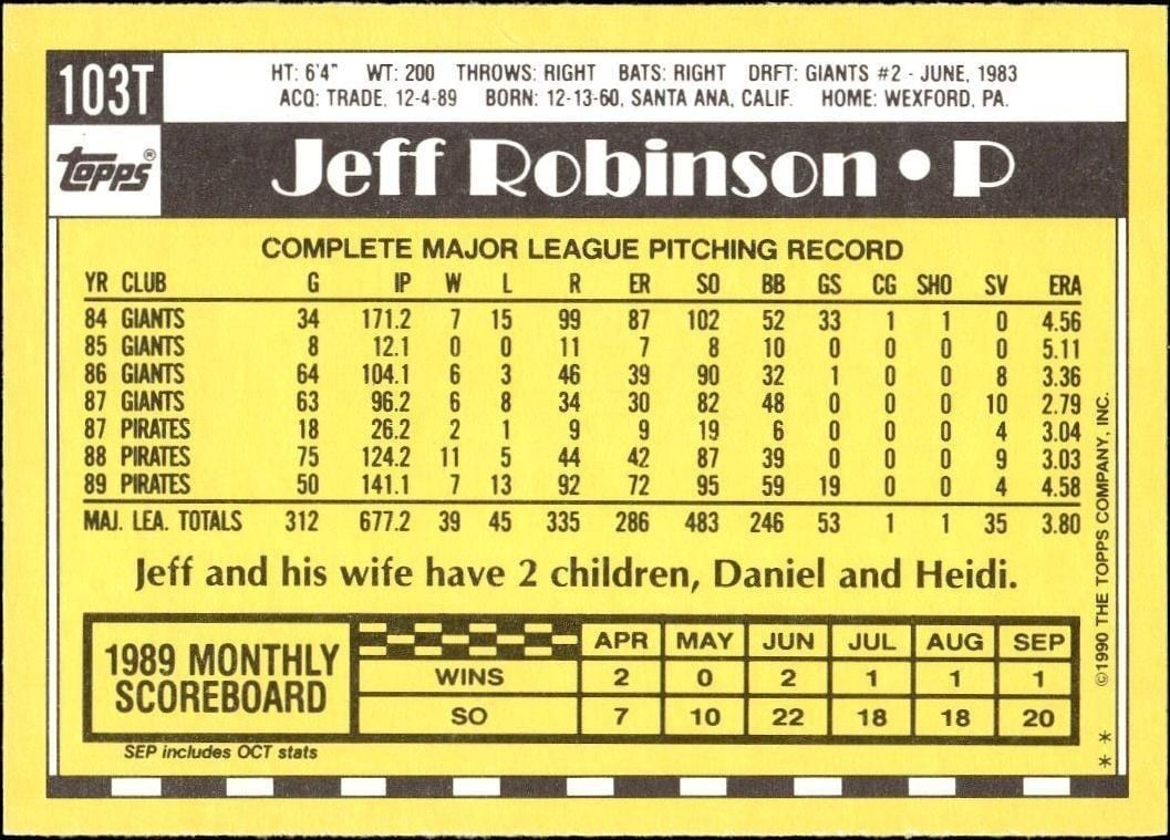 1990 Topps Traded Jeff Robinson #103T baseball trading card back