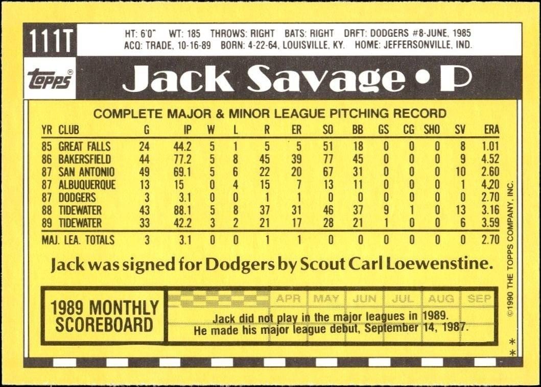 1990 Topps Traded Jack Savage #111T baseball trading card back