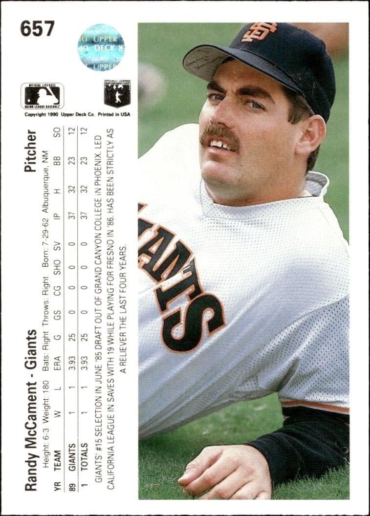 1990 Upper Deck Randy McCament #657 baseball trading card back