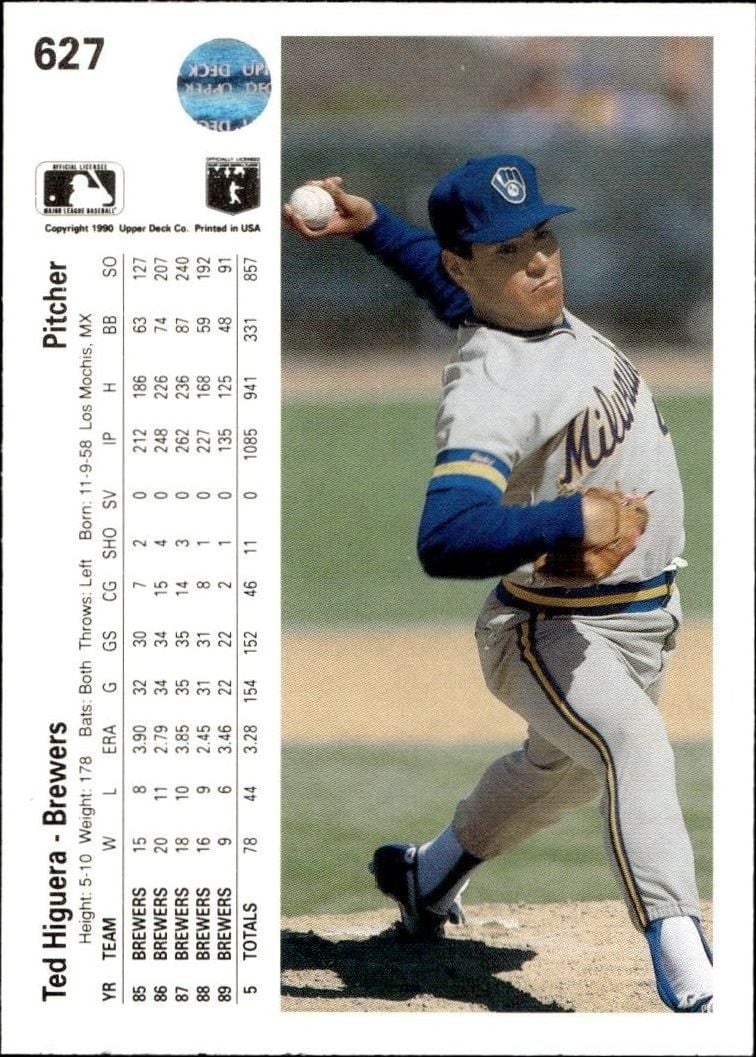 1990 Upper Deck Ted Higuera #627 baseball trading card back